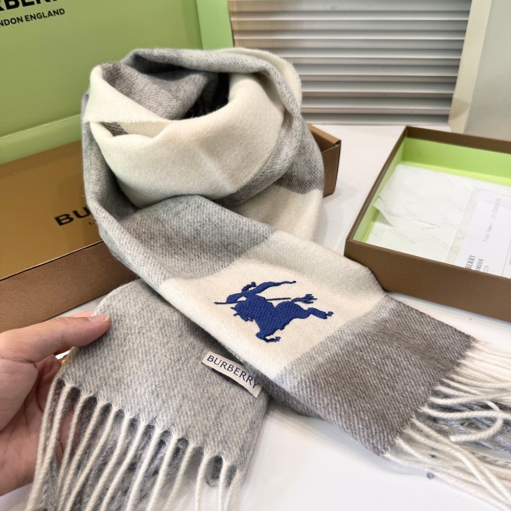 Burberry Grey Check Embroidered Wool Scarf
